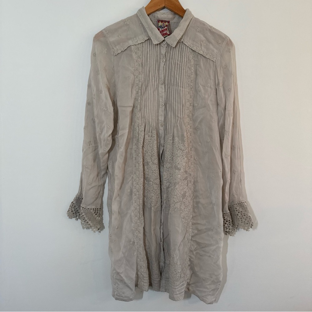 Johnny Was Tunic Dress Womens Medium Pleated Eyelet Lace Boho Cottagecore